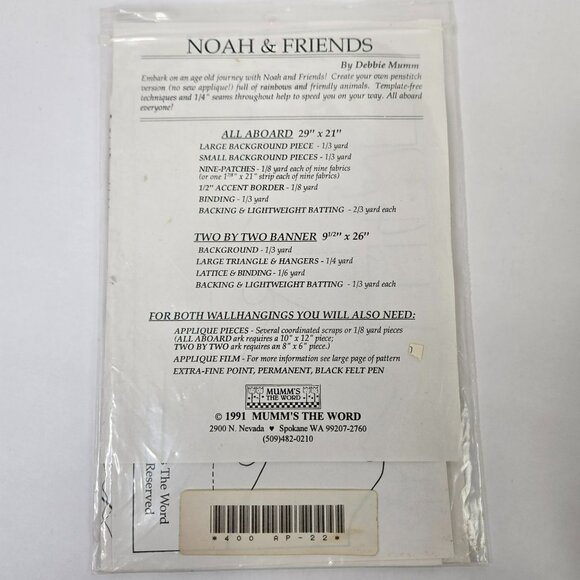 Vintage Mumm's the Word Quilt Pattern Noah & Friends Quilted Wall Hanging Ark An - Picture 3 of 4